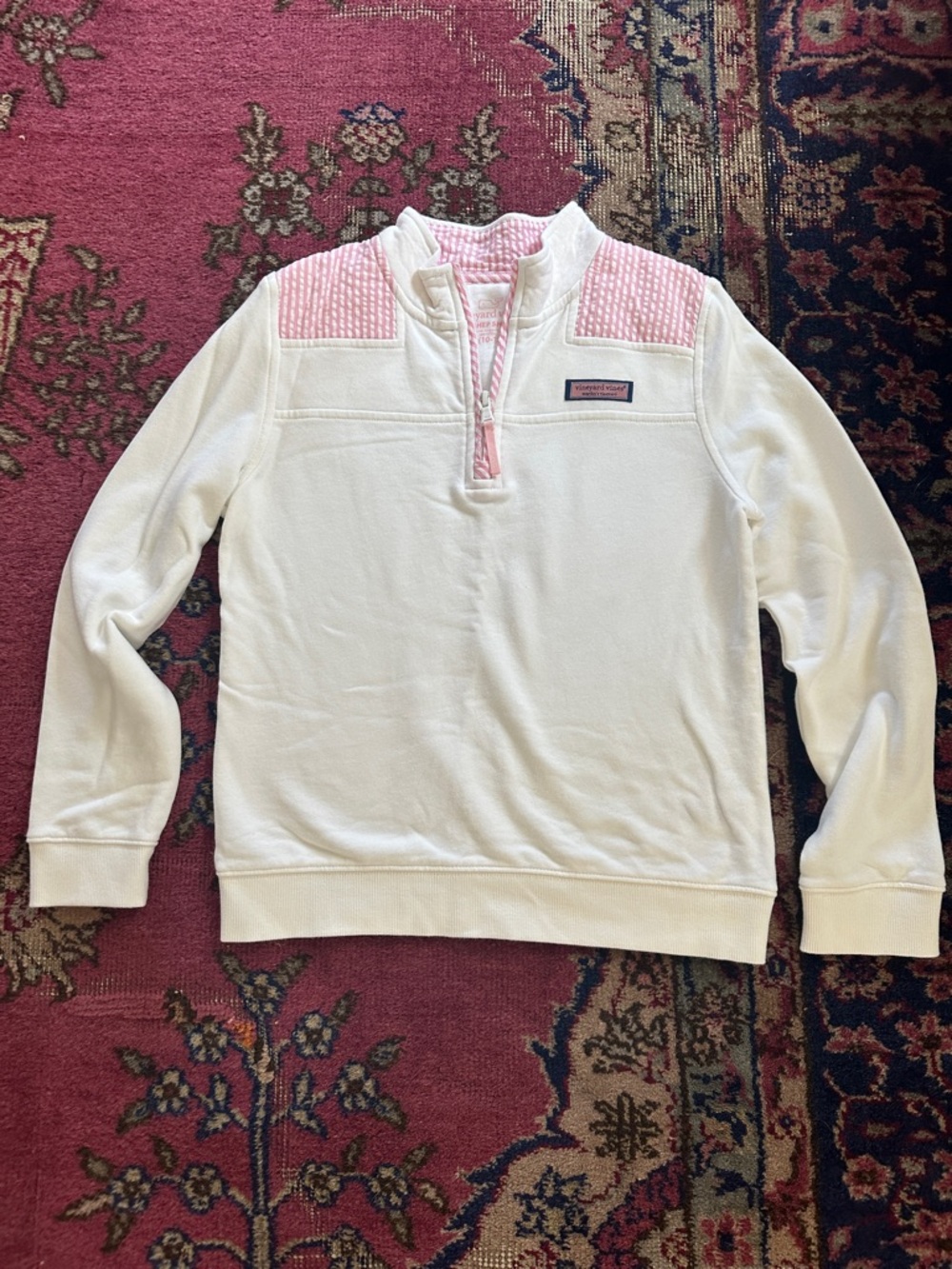Vineyard Vines Girls white Quarter-Zip Pullover with Pink Searsucker shoulders